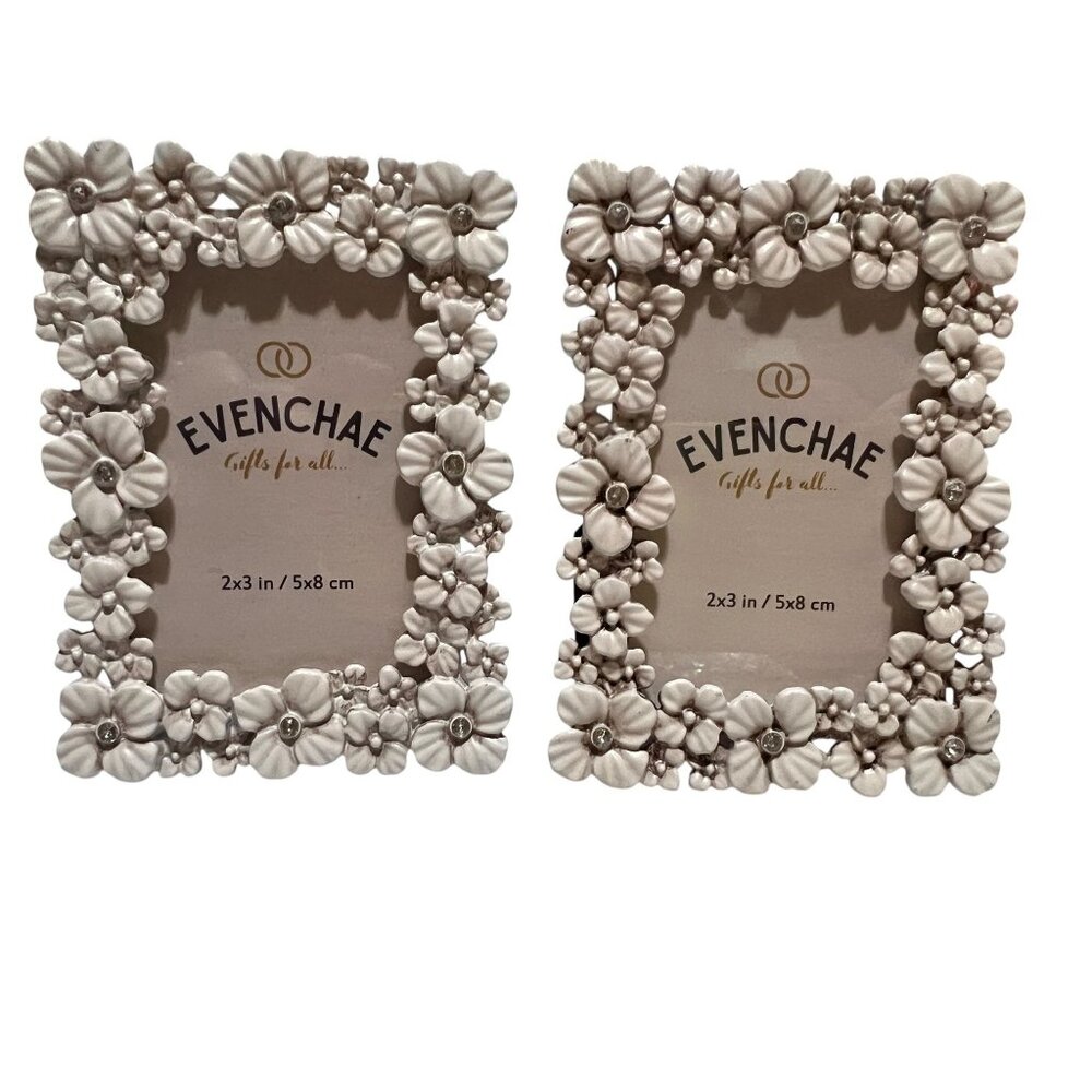 Evenchae 2x3 Inch Floral Resin Photo Frames Set of 2 Ivory White Rhinestones New
